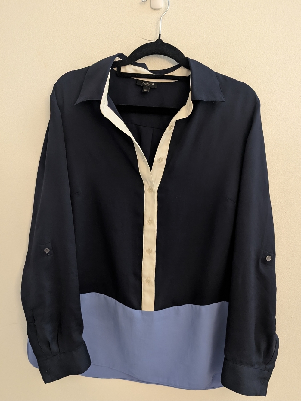 Talbots  Color block Button-Down Blouse | Size MP | Navy & Ivory